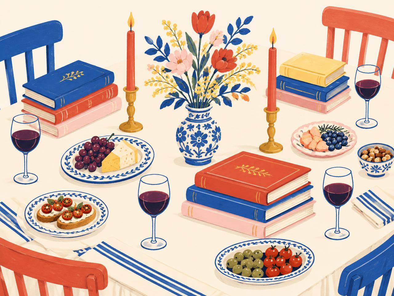Illustrated book club table with books, candles, flowers, and small plates