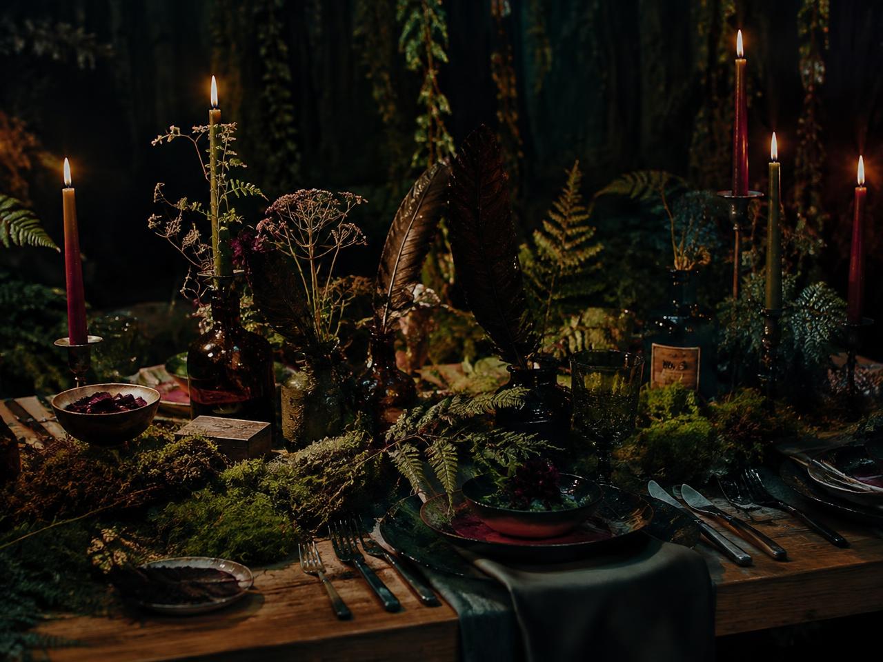 Candlelit woodland table with moss, ferns and feathers